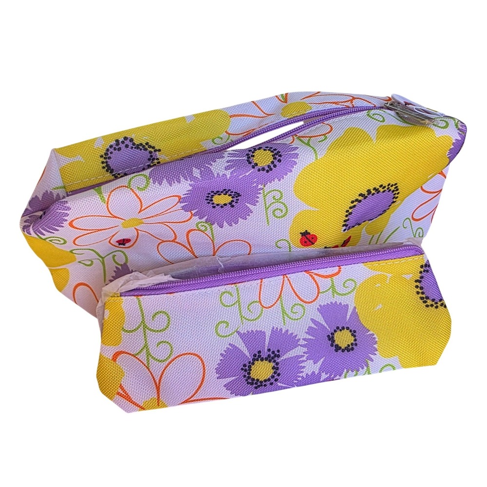 Clinique Cosmetic Bag Pouch Set Floral Yellow Purple‎ Daisy Ladybug Zipper